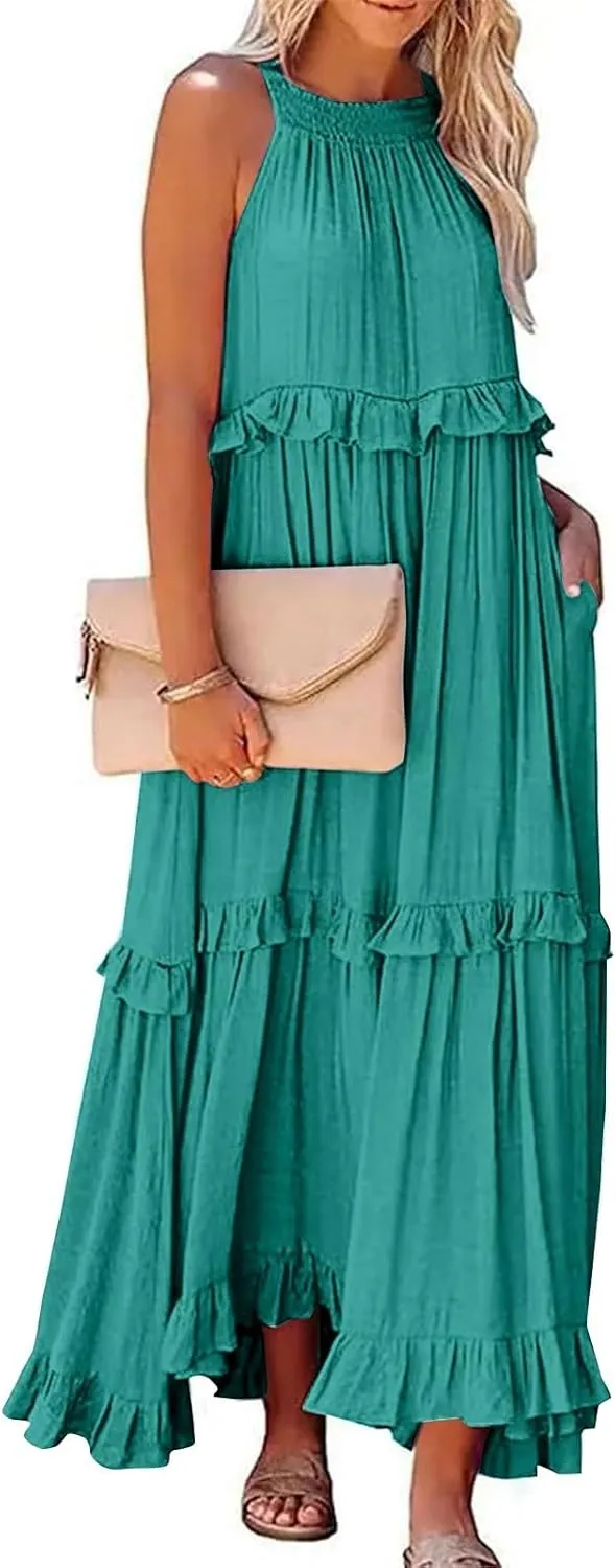 Halter Maxi Tiered Dresses for Women Summer Flowy Swing Ruffle Smocked Dress Plus Size Sundress Frocks with Pockets