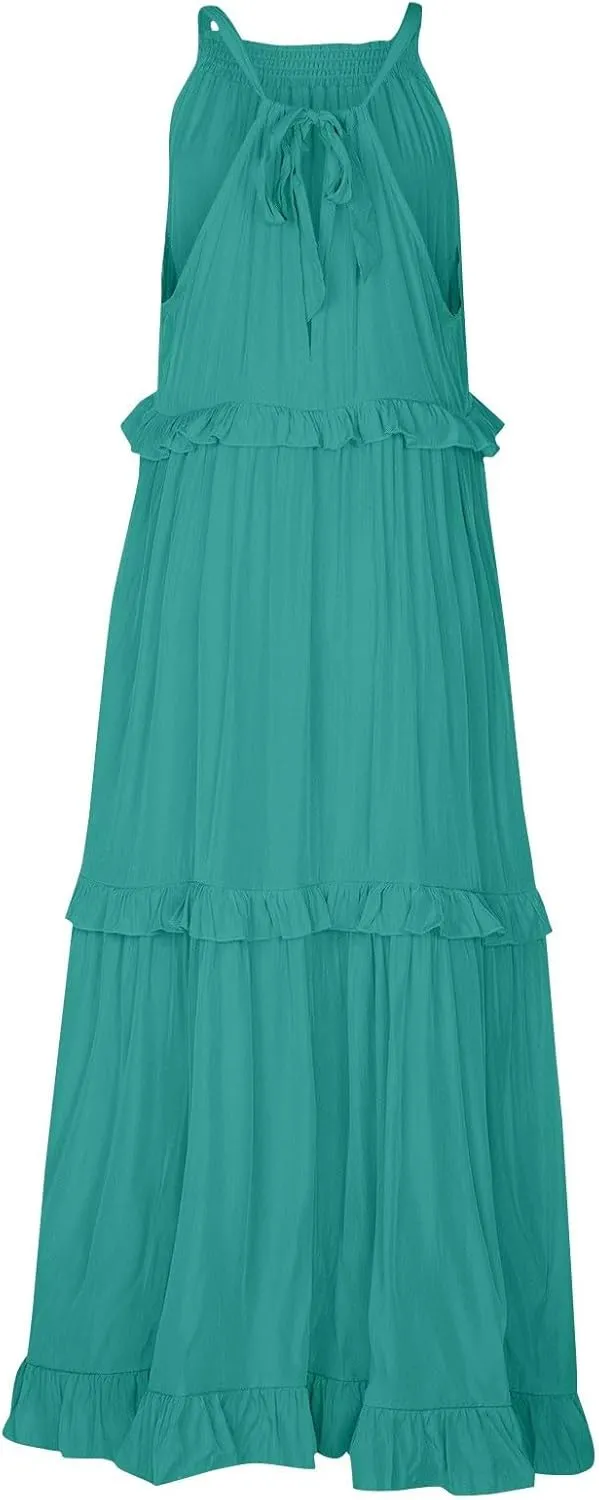 Halter Maxi Tiered Dresses for Women Summer Flowy Swing Ruffle Smocked Dress Plus Size Sundress Frocks with Pockets
