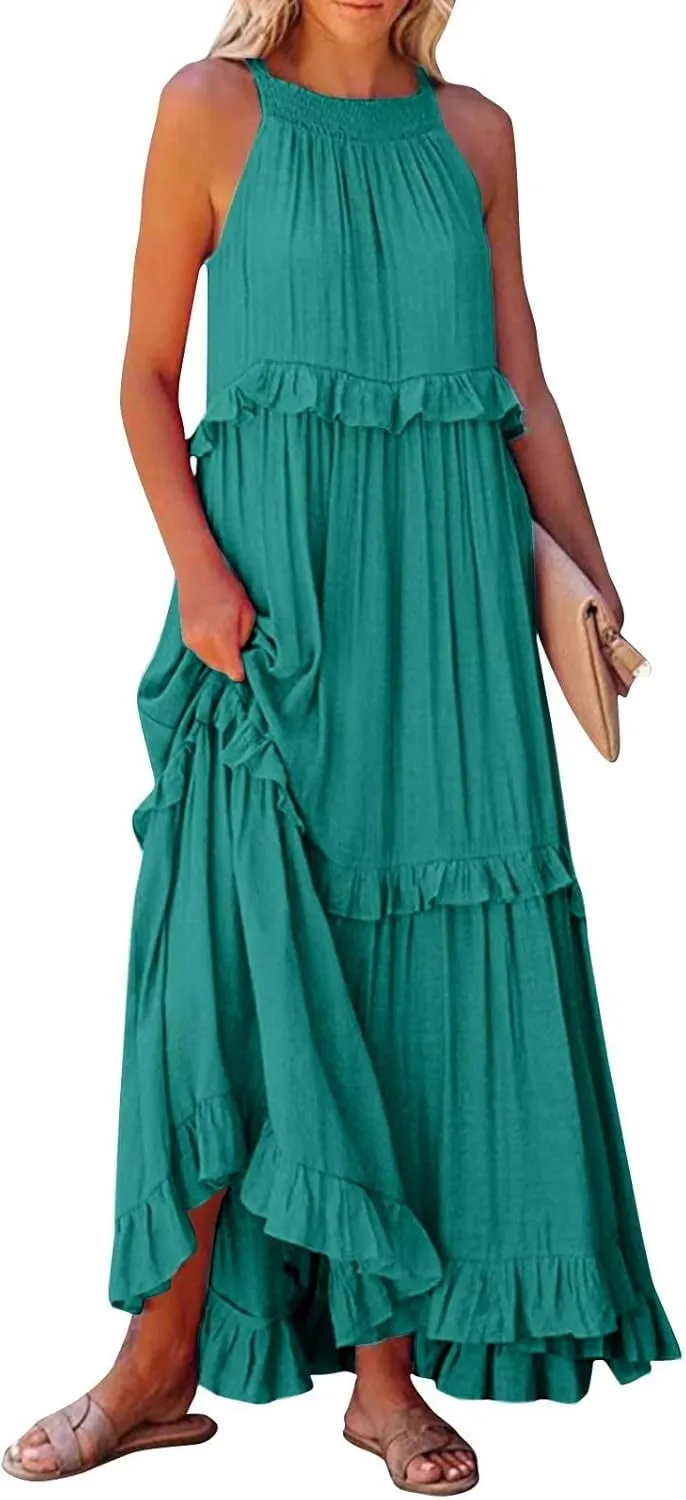 Halter Maxi Tiered Dresses for Women Summer Flowy Swing Ruffle Smocked Dress Plus Size Sundress Frocks with Pockets