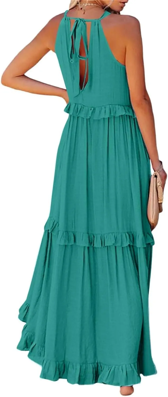 Halter Maxi Tiered Dresses for Women Summer Flowy Swing Ruffle Smocked Dress Plus Size Sundress Frocks with Pockets