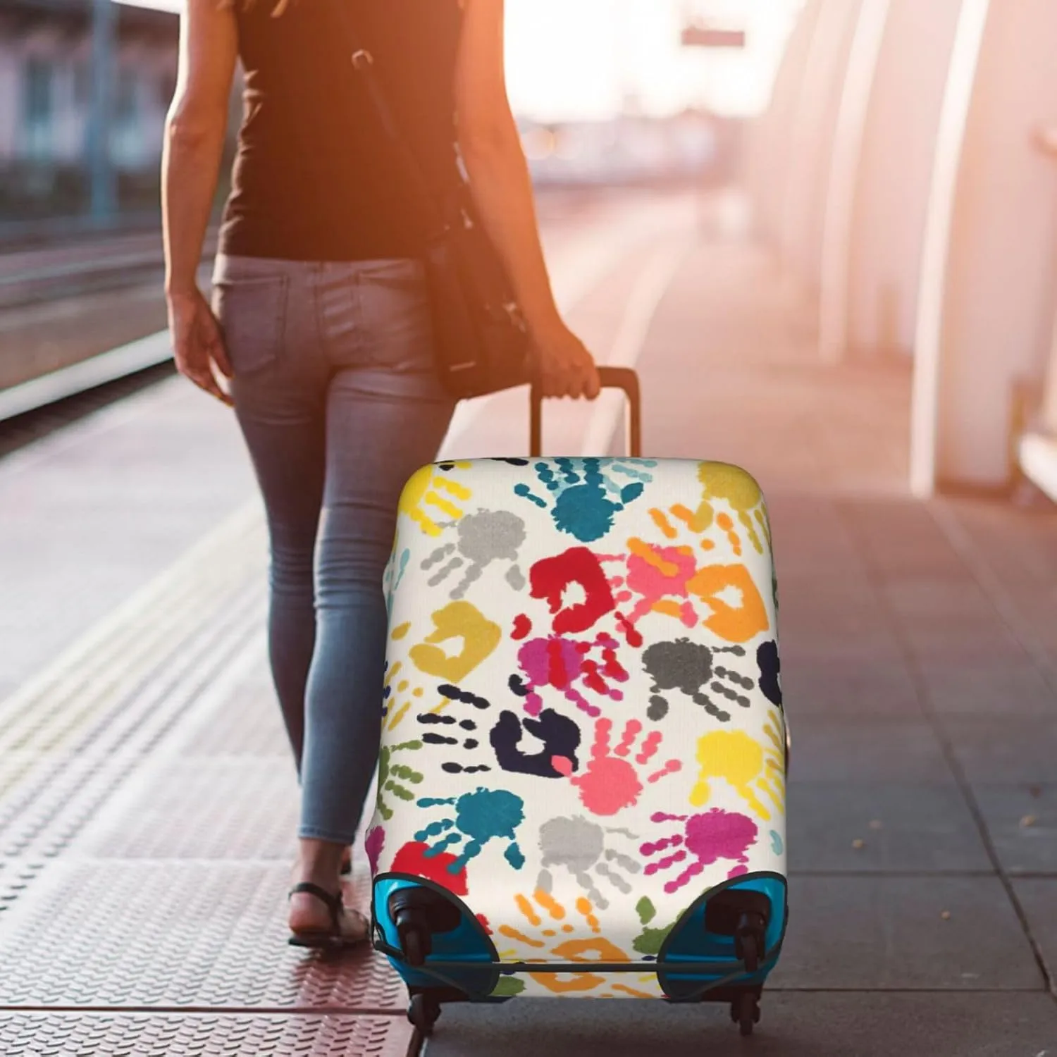 Hand Print Print Practical Elastic Washable Travel Luggage Cover with Concealed Zipper for Suitcases