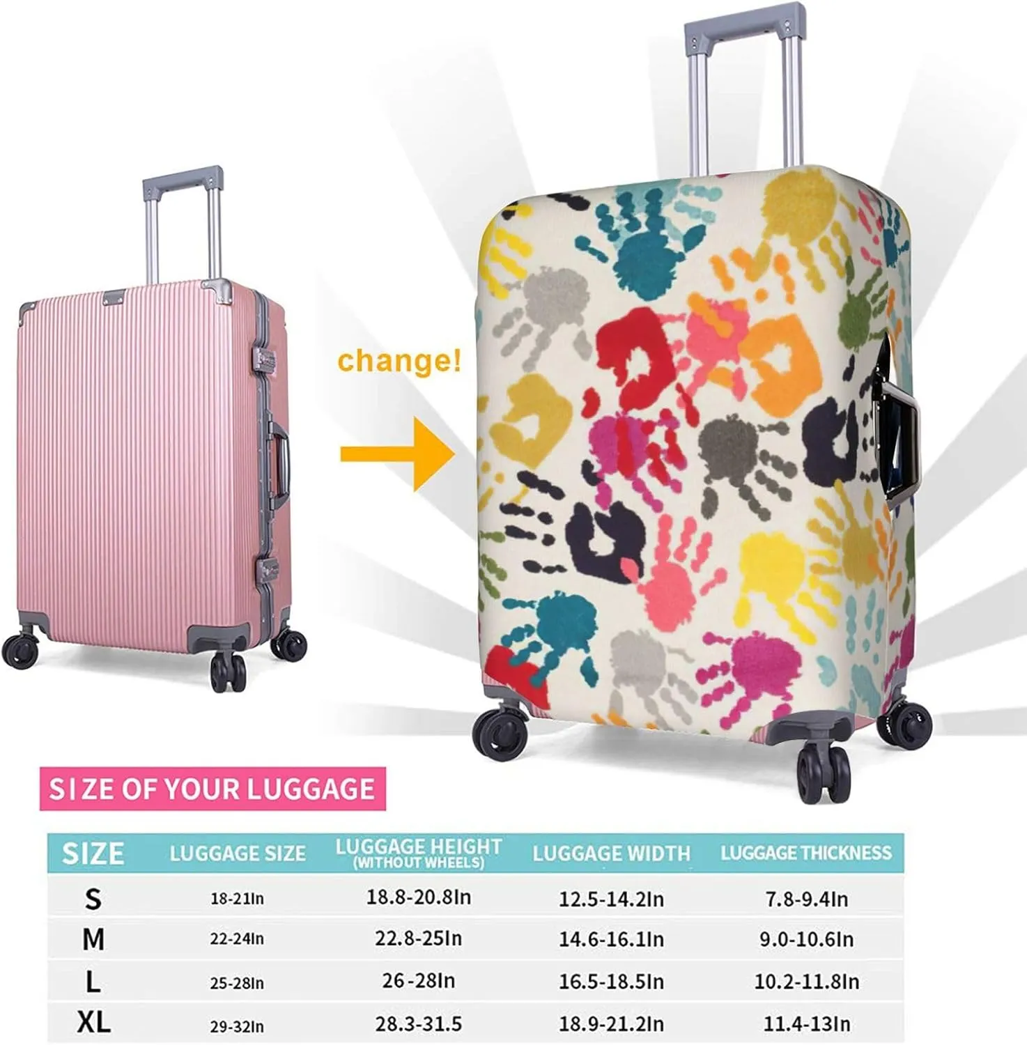 Hand Print Print Practical Elastic Washable Travel Luggage Cover with Concealed Zipper for Suitcases