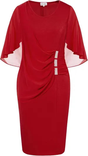 Hanna Nikole Plus Size Party Dress for Curvy Women Chiffon Ruffle Flattering Cape Sleeve Bodycon Pencil Dress