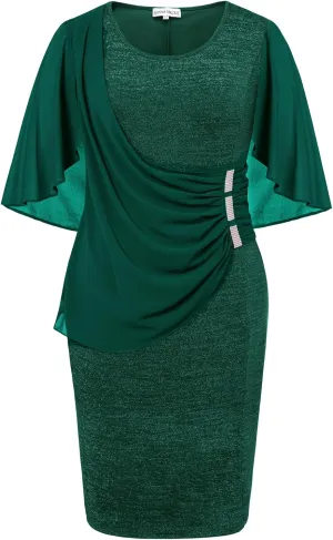 Hanna Nikole Plus Size Party Dress for Curvy Women Chiffon Ruffle Flattering Cape Sleeve Bodycon Pencil Dress