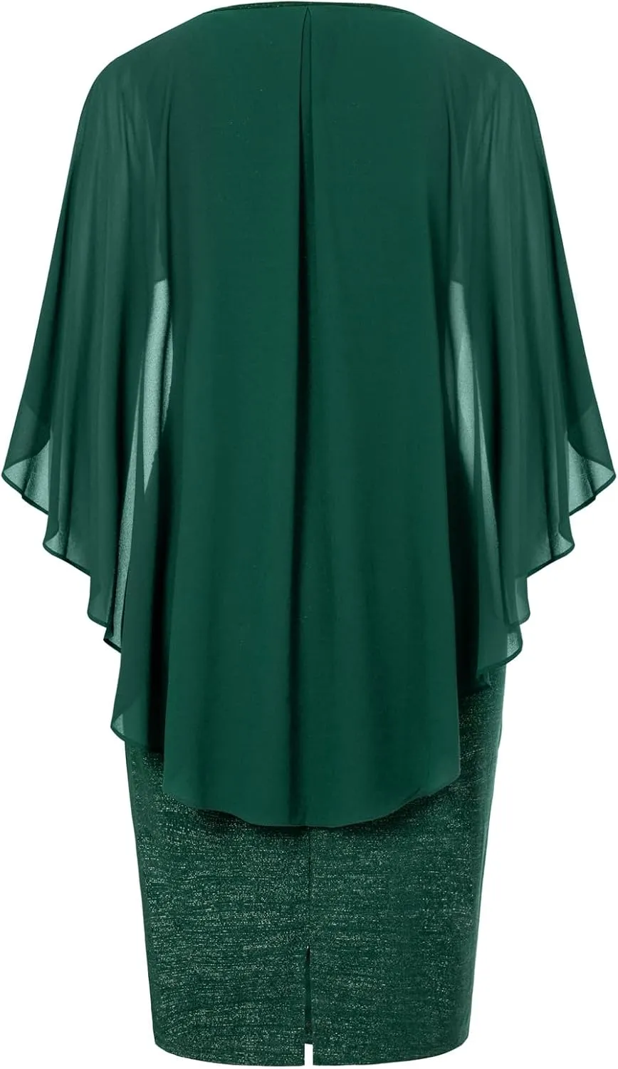 Hanna Nikole Plus Size Party Dress for Curvy Women Chiffon Ruffle Flattering Cape Sleeve Bodycon Pencil Dress