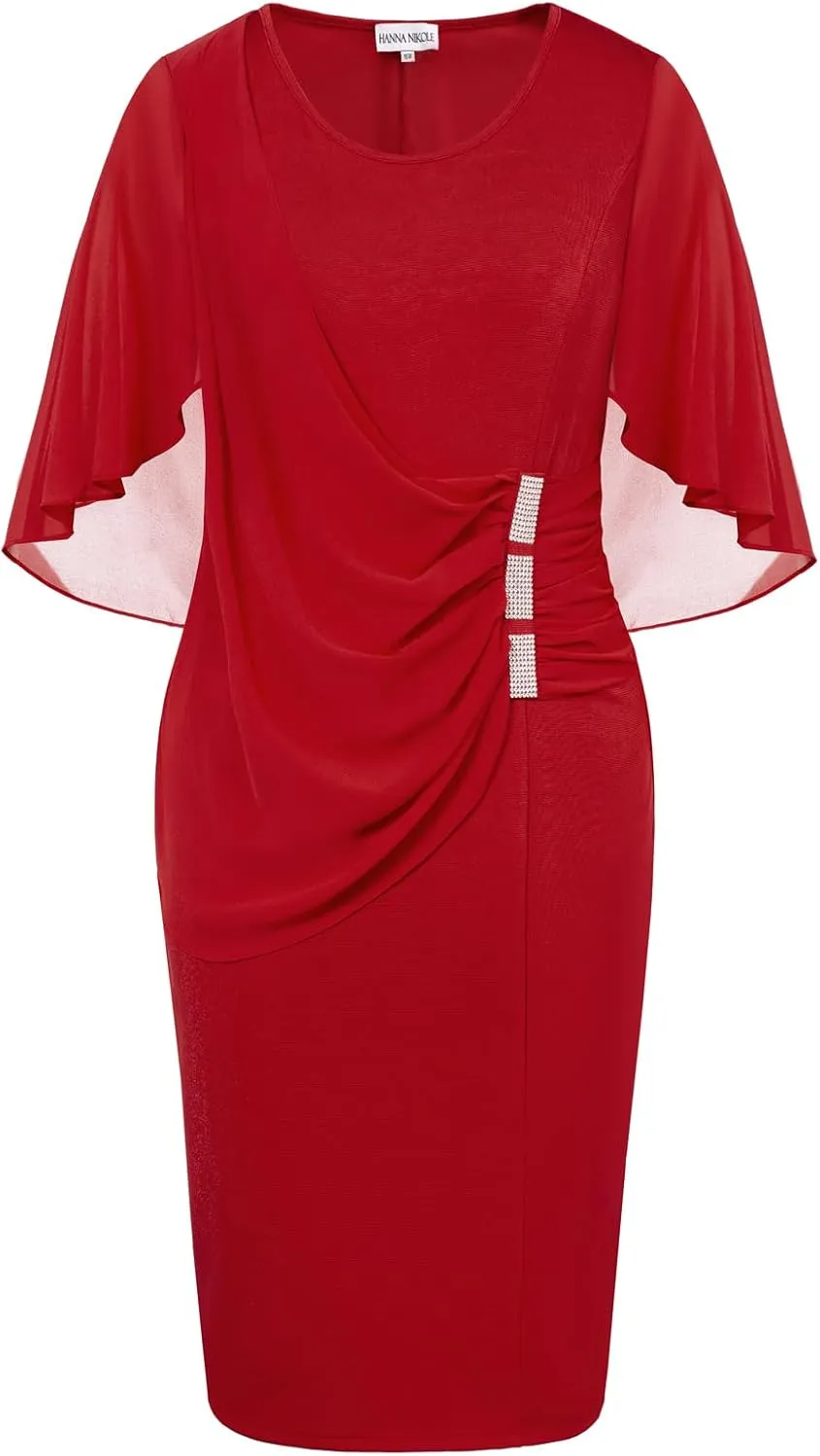 Hanna Nikole Plus Size Party Dress for Curvy Women Chiffon Ruffle Flattering Cape Sleeve Bodycon Pencil Dress
