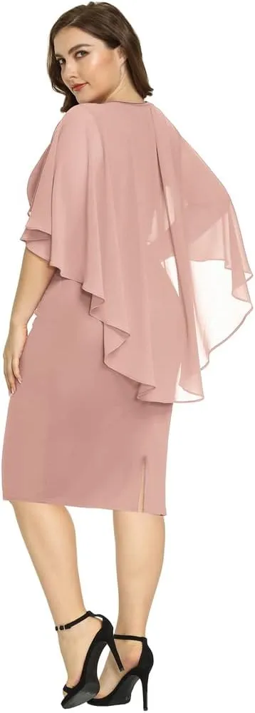 Hanna Nikole Women's Plus Size Chiffon Ruffle Flattering Cape Sleeve Bodycon Pencil Dress
