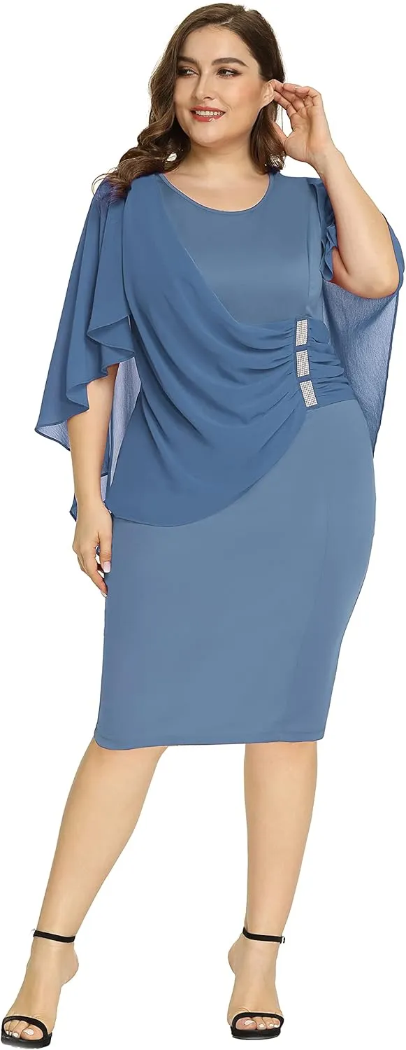 Hanna Nikole Women's Plus Size Chiffon Ruffle Flattering Cape Sleeve Bodycon Pencil Dress