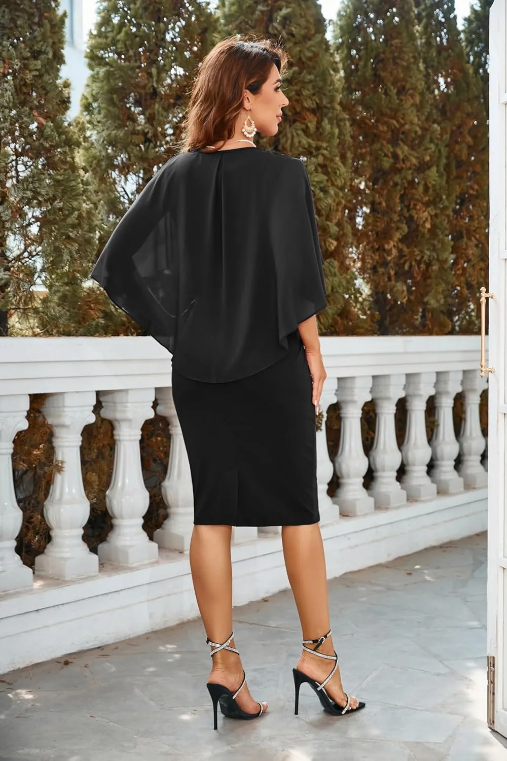 Hanna Nikole Women's Plus Size Chiffon Ruffle Flattering Cape Sleeve Bodycon Pencil Dress