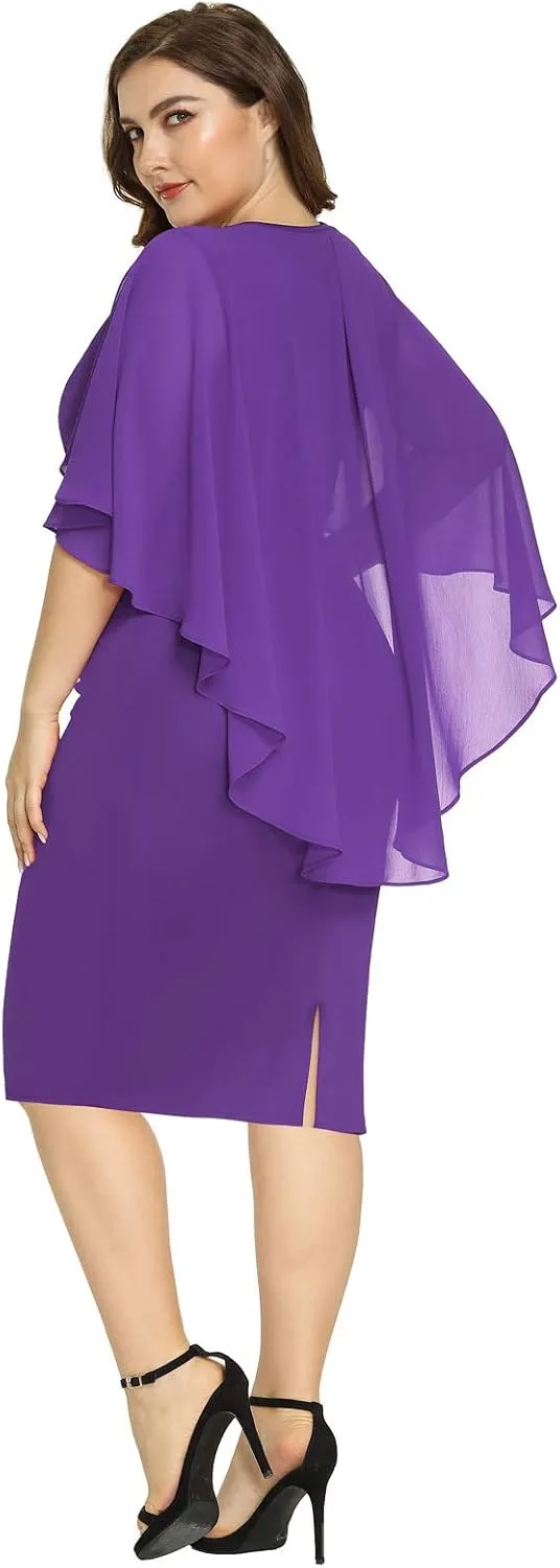 Hanna Nikole Women's Plus Size Chiffon Ruffle Flattering Cape Sleeve Bodycon Pencil Dress