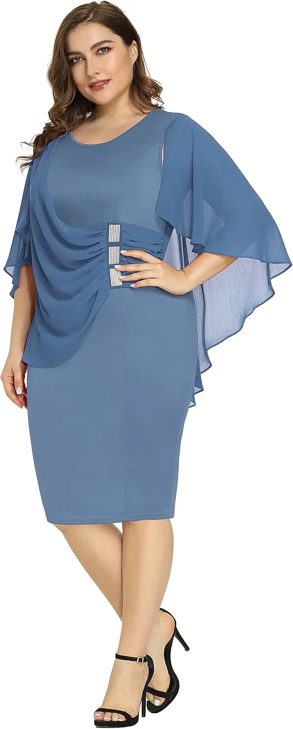 Hanna Nikole Women's Plus Size Chiffon Ruffle Flattering Cape Sleeve Bodycon Pencil Dress