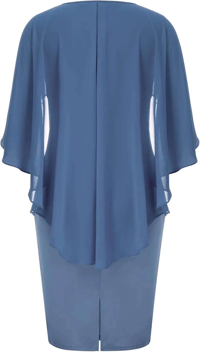 Hanna Nikole Women's Plus Size Chiffon Ruffle Flattering Cape Sleeve Bodycon Pencil Dress