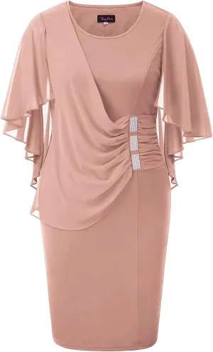Hanna Nikole Women's Plus Size Chiffon Ruffle Flattering Cape Sleeve Bodycon Pencil Dress