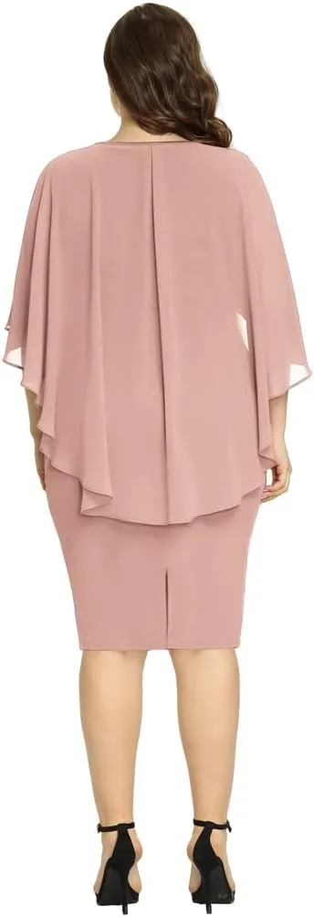 Hanna Nikole Women's Plus Size Chiffon Ruffle Flattering Cape Sleeve Bodycon Pencil Dress