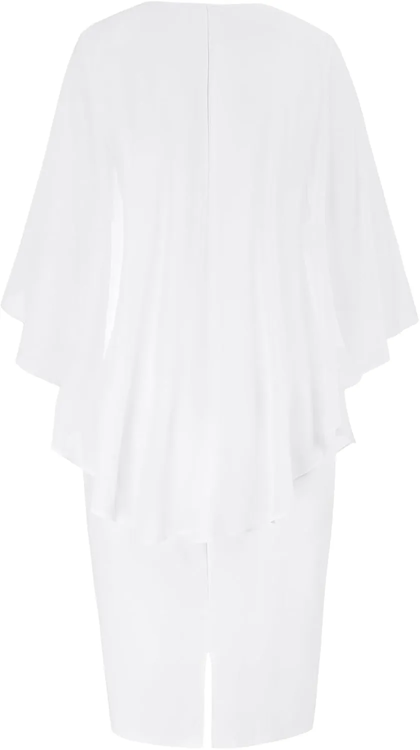 Hanna Nikole Women's Plus Size Chiffon Ruffle Flattering Cape Sleeve Bodycon Pencil Dress