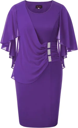 Hanna Nikole Women's Plus Size Chiffon Ruffle Flattering Cape Sleeve Bodycon Pencil Dress