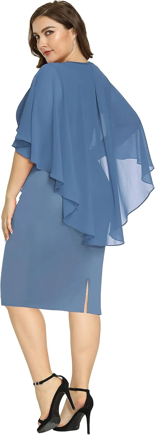 Hanna Nikole Women's Plus Size Chiffon Ruffle Flattering Cape Sleeve Bodycon Pencil Dress