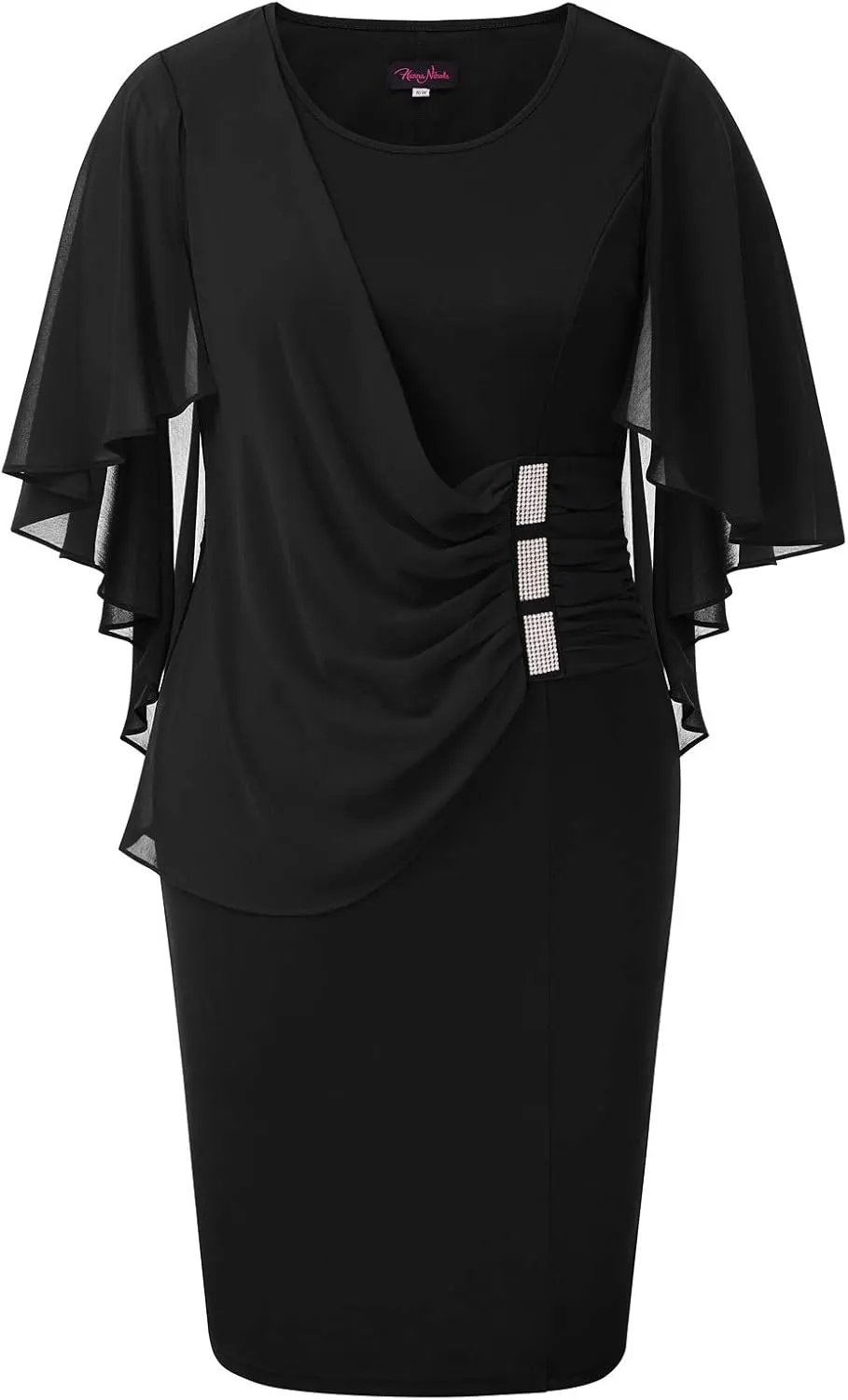 Hanna Nikole Women's Plus Size Chiffon Ruffle Flattering Cape Sleeve Bodycon Pencil Dress