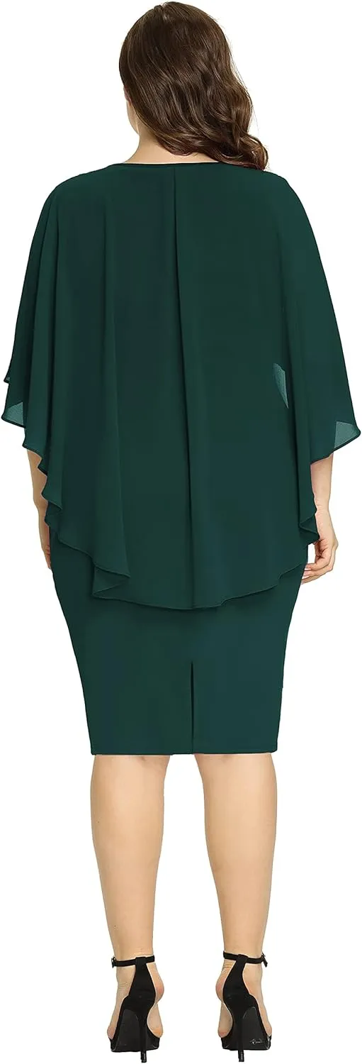 Hanna Nikole Women's Plus Size Chiffon Ruffle Flattering Cape Sleeve Bodycon Pencil Dress