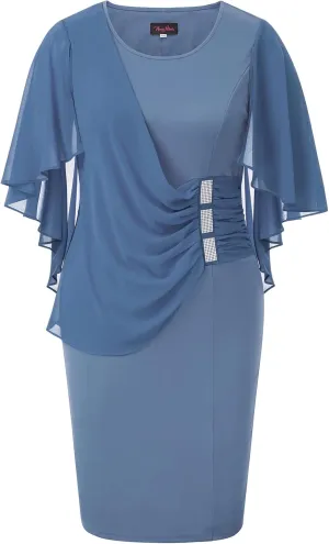 Hanna Nikole Women's Plus Size Chiffon Ruffle Flattering Cape Sleeve Bodycon Pencil Dress