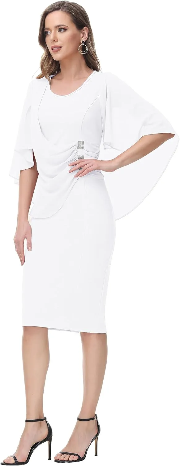 Hanna Nikole Women's Plus Size Chiffon Ruffle Flattering Cape Sleeve Bodycon Pencil Dress