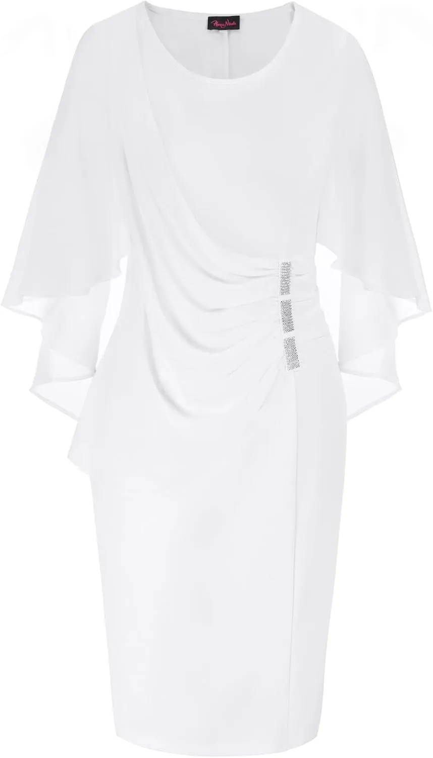 Hanna Nikole Women's Plus Size Chiffon Ruffle Flattering Cape Sleeve Bodycon Pencil Dress