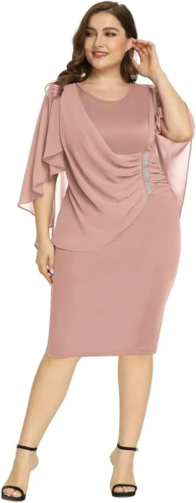 Hanna Nikole Women's Plus Size Chiffon Ruffle Flattering Cape Sleeve Bodycon Pencil Dress