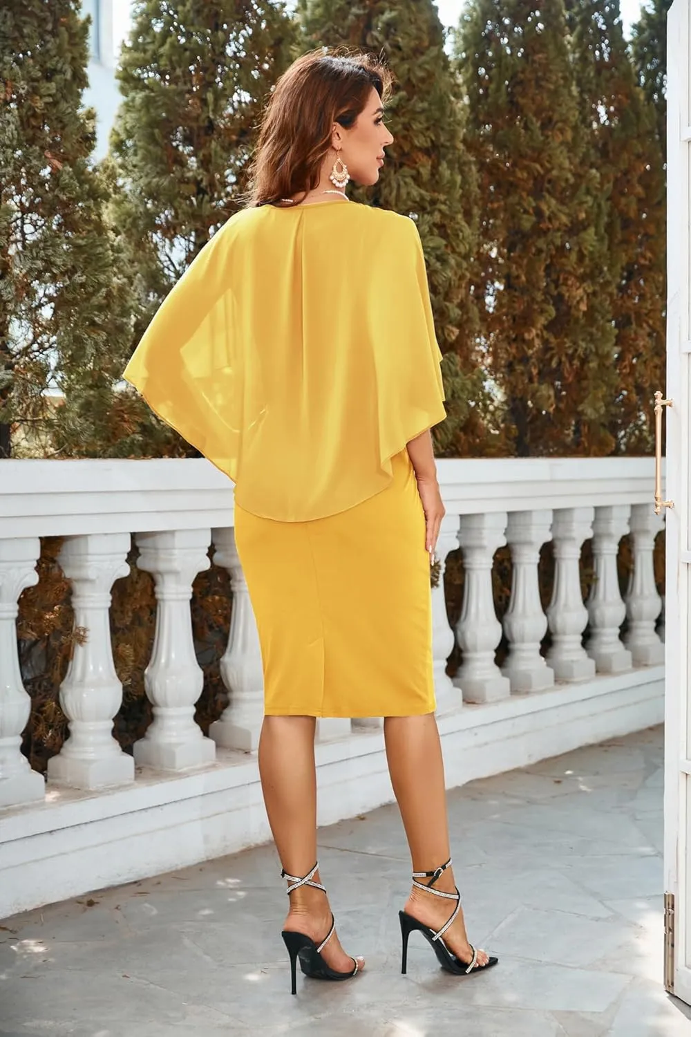 Hanna Nikole Women's Plus Size Chiffon Ruffle Flattering Cape Sleeve Bodycon Pencil Dress