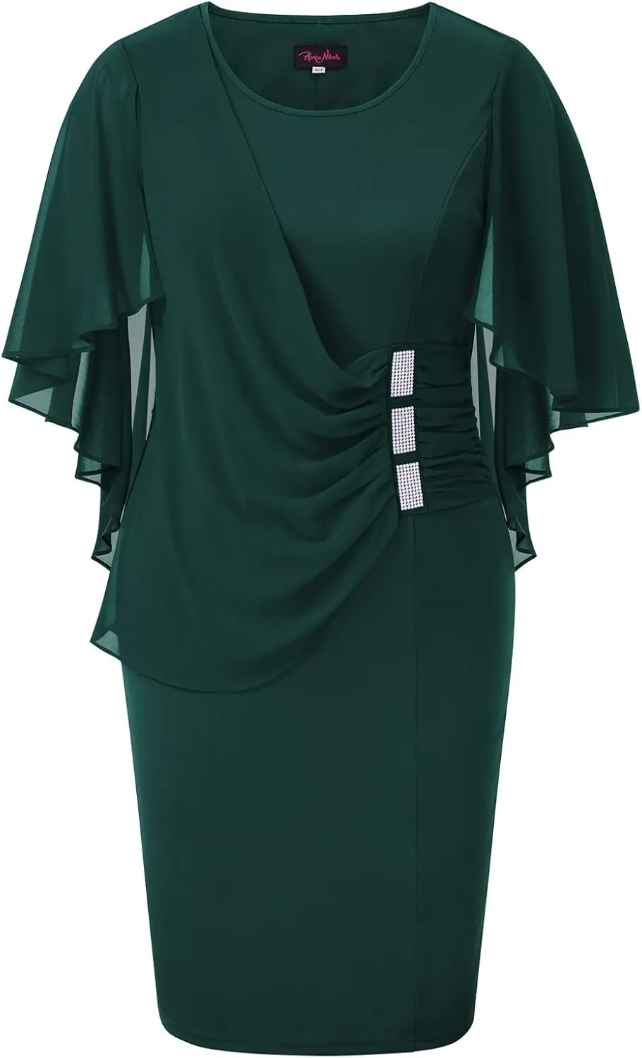 Hanna Nikole Women's Plus Size Chiffon Ruffle Flattering Cape Sleeve Bodycon Pencil Dress