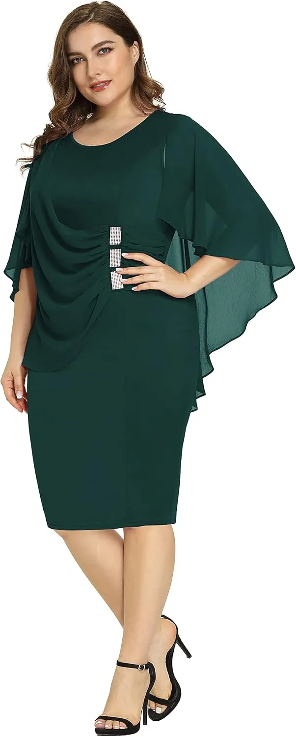 Hanna Nikole Women's Plus Size Chiffon Ruffle Flattering Cape Sleeve Bodycon Pencil Dress