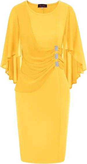 Hanna Nikole Women's Plus Size Chiffon Ruffle Flattering Cape Sleeve Bodycon Pencil Dress