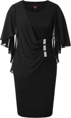 Hanna Nikole Women's Plus Size Chiffon Ruffle Flattering Cape Sleeve Bodycon Pencil Dress