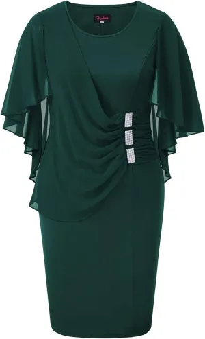Hanna Nikole Women's Plus Size Chiffon Ruffle Flattering Cape Sleeve Bodycon Pencil Dress