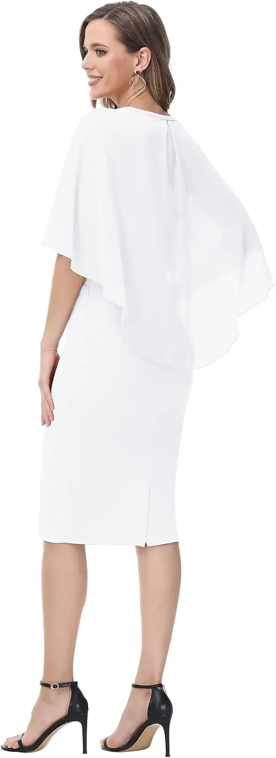 Hanna Nikole Women's Plus Size Chiffon Ruffle Flattering Cape Sleeve Bodycon Pencil Dress