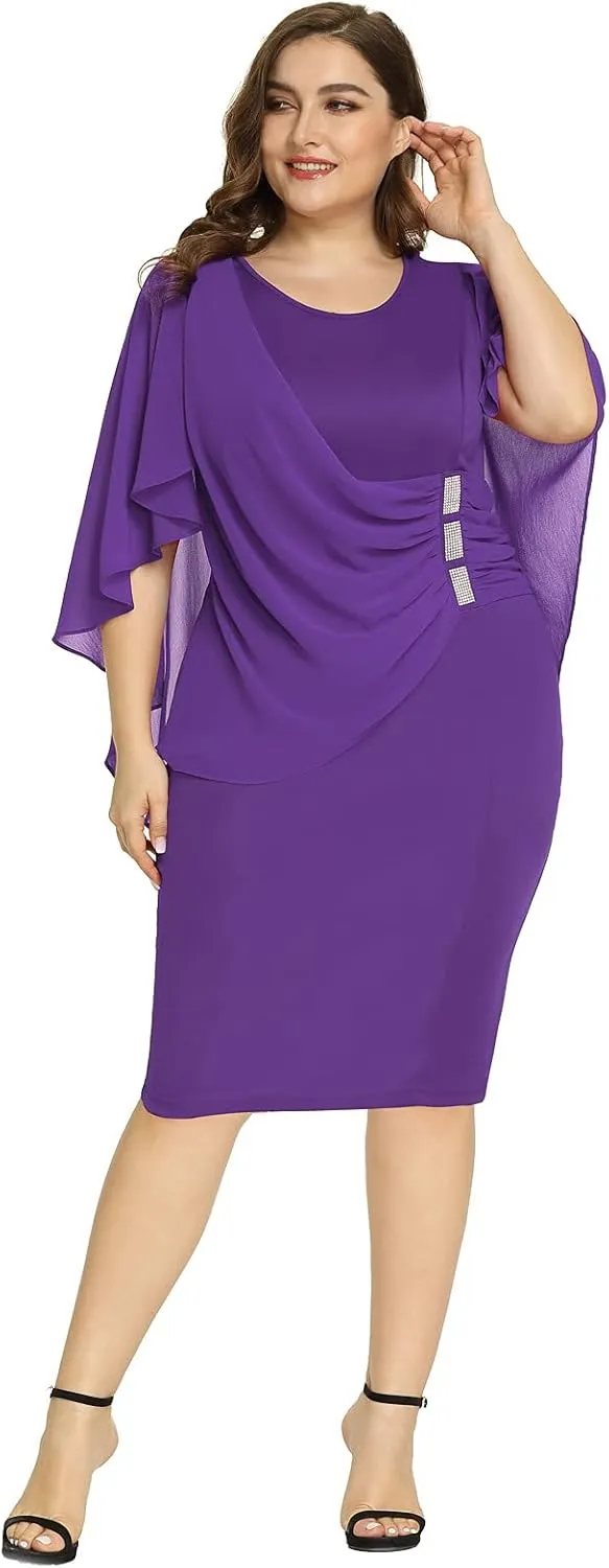 Hanna Nikole Women's Plus Size Chiffon Ruffle Flattering Cape Sleeve Bodycon Pencil Dress