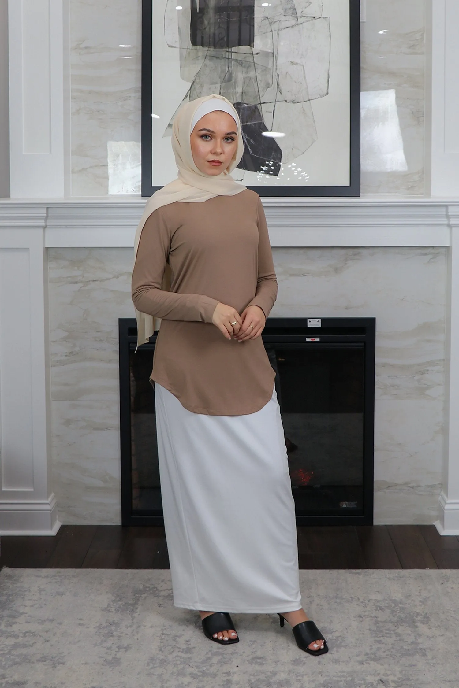 High Neck Long Sleeve Top- Tan