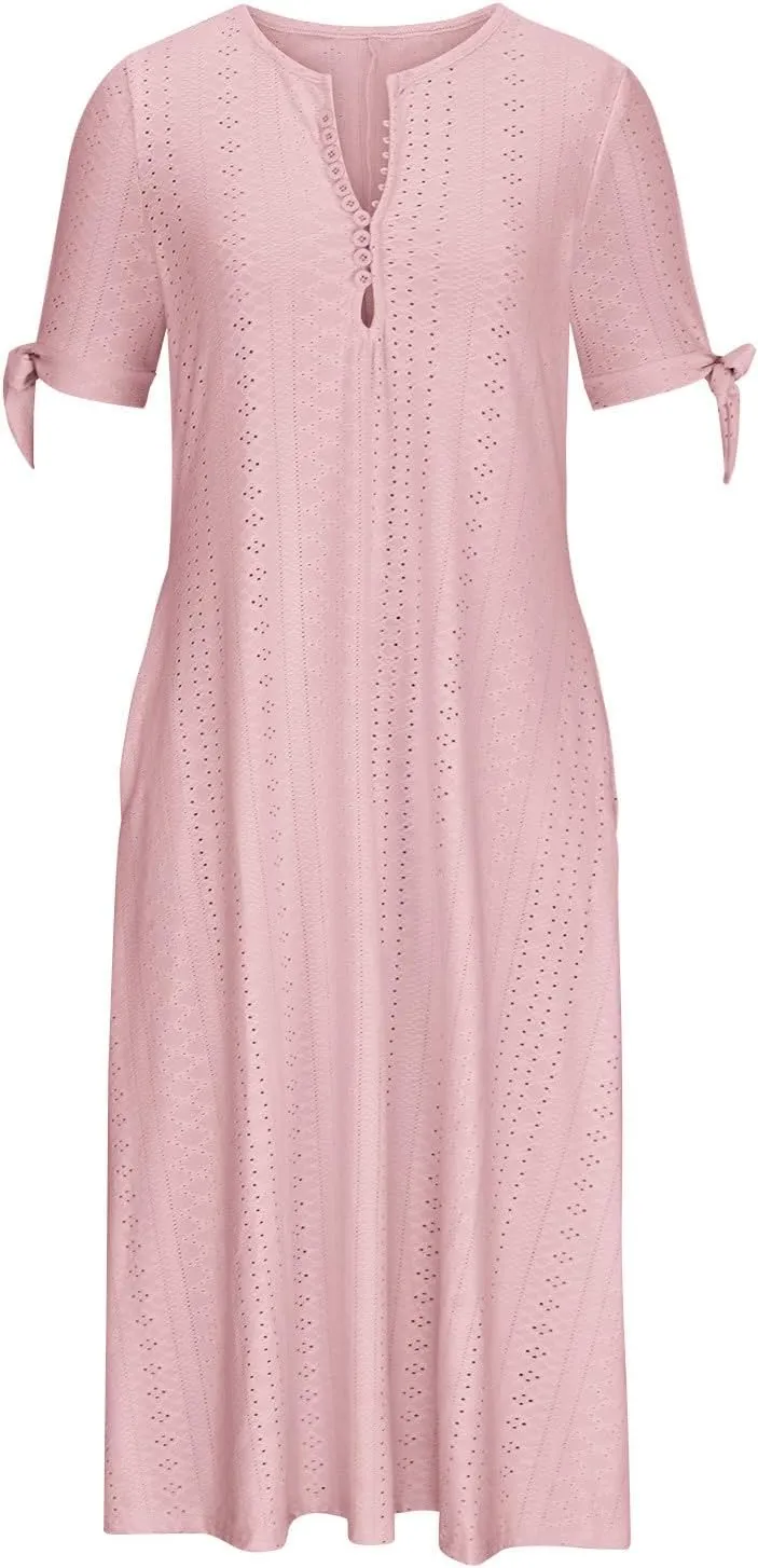 hlysgo Long Dresses for Women 2025 Trendy Short Sleeve Eyelet Tshirt Dress Casual Summer Beach Vacation Sundress with Pocket