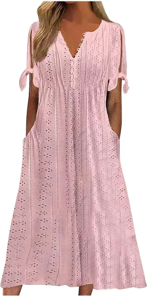 hlysgo Long Dresses for Women 2025 Trendy Short Sleeve Eyelet Tshirt Dress Casual Summer Beach Vacation Sundress with Pocket