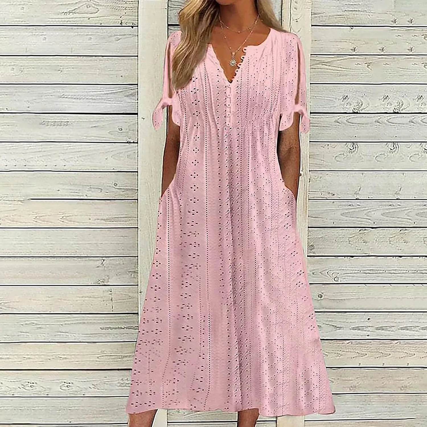 hlysgo Long Dresses for Women 2025 Trendy Short Sleeve Eyelet Tshirt Dress Casual Summer Beach Vacation Sundress with Pocket