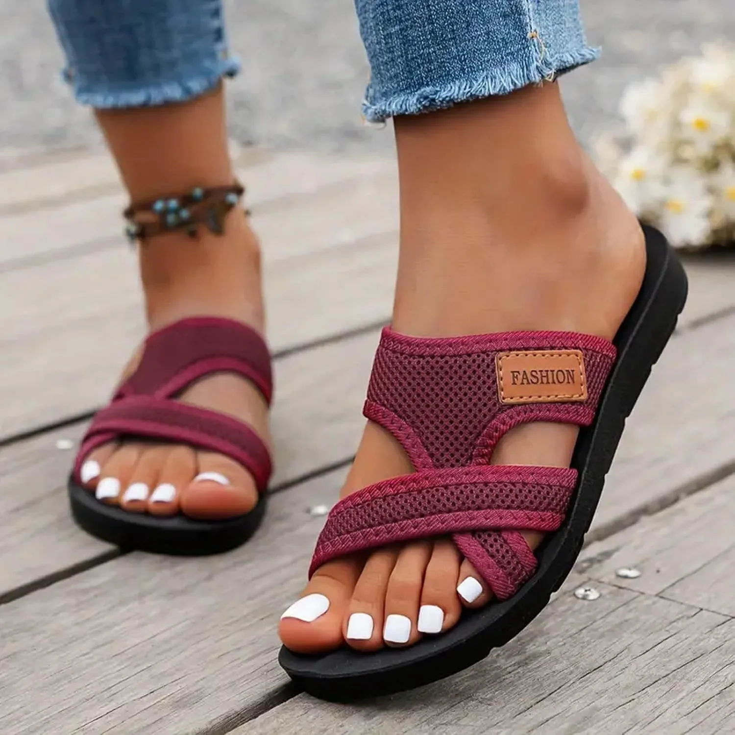 Hollow Mesh Slide Sandals for Women 2025 Orthopedic Sandals Arch Support Fashion Beach Shoes Casual Split Toe Slipper