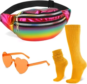 Holographic Fanny Packs for Women Men,80s 90s Fanny Pack,Orange Heart Glasses,Orange Slouch Socks,Crossbody Fanny Packs for Women,Metallic Color Sport Waistbag,Fashion Shiny Waterproof Waist Pack