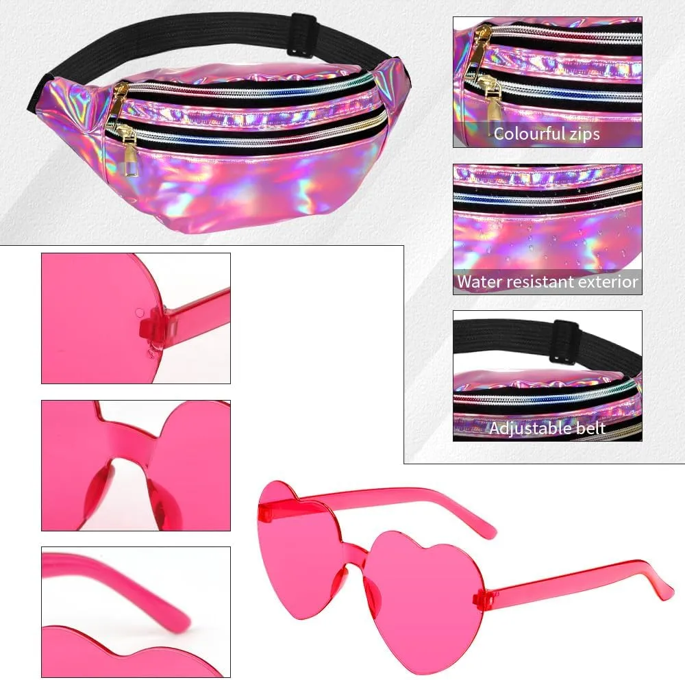 Holographic Fanny Packs for Women Men,Heart Sunglasses,80s 90s Fanny Pack,Crossbody Fanny Packs for Women,Metallic Color Sport Waistbag,Pink Fanny Pack,Shiny Waist Pack,Rimless Heart Glasses