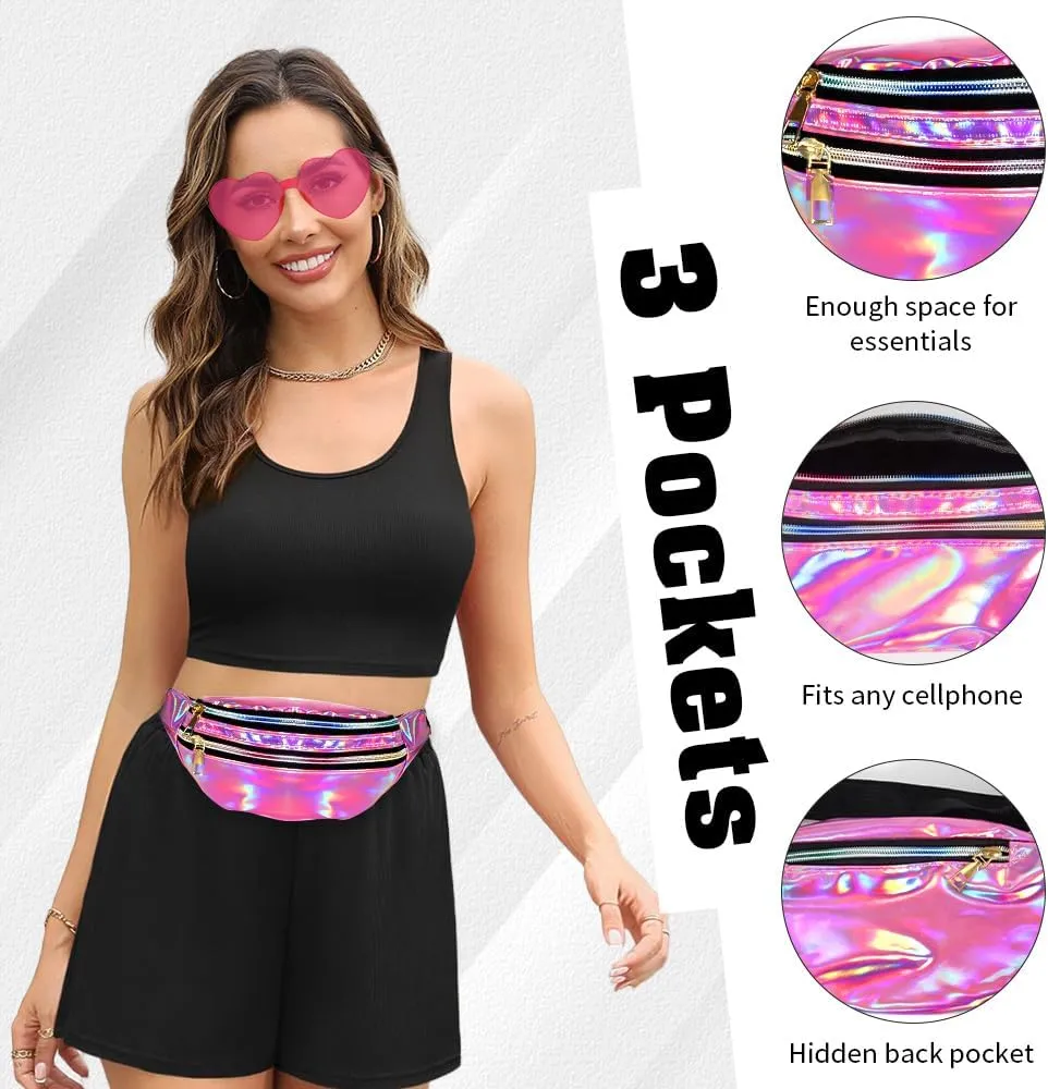 Holographic Fanny Packs for Women Men,Heart Sunglasses,80s 90s Fanny Pack,Crossbody Fanny Packs for Women,Metallic Color Sport Waistbag,Pink Fanny Pack,Shiny Waist Pack,Rimless Heart Glasses