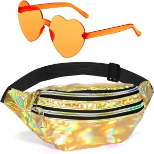 Holographic Fanny Packs for Women,Heart Shaped Sunglasses,Fanny Pack 80s Style,Waterproof Fanny Packs for Women,Orange Heart Glasses,Party Sunglasses,Metallic Color Sport Waistbag,Fashion Waist Pack