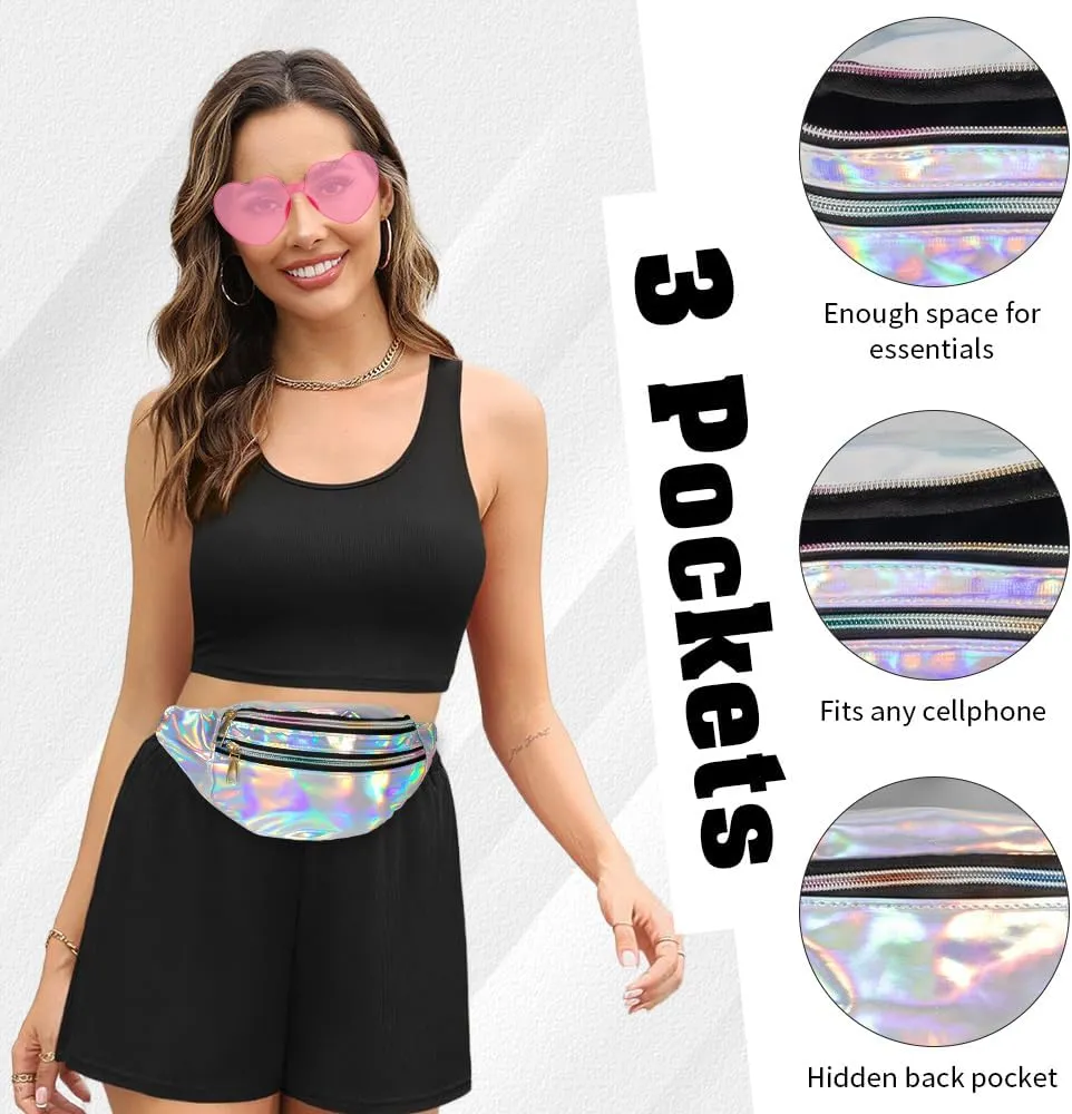 Holographic Fanny Packs,Heart Shaped Glasses,80s 90s Fanny Pack,Crossbody Fanny Packs for Women,Pink Heart Sunglasses,Metallic Color Sport Waistbag,Fashion Shiny Waist Pack,Christmas Party Glasses