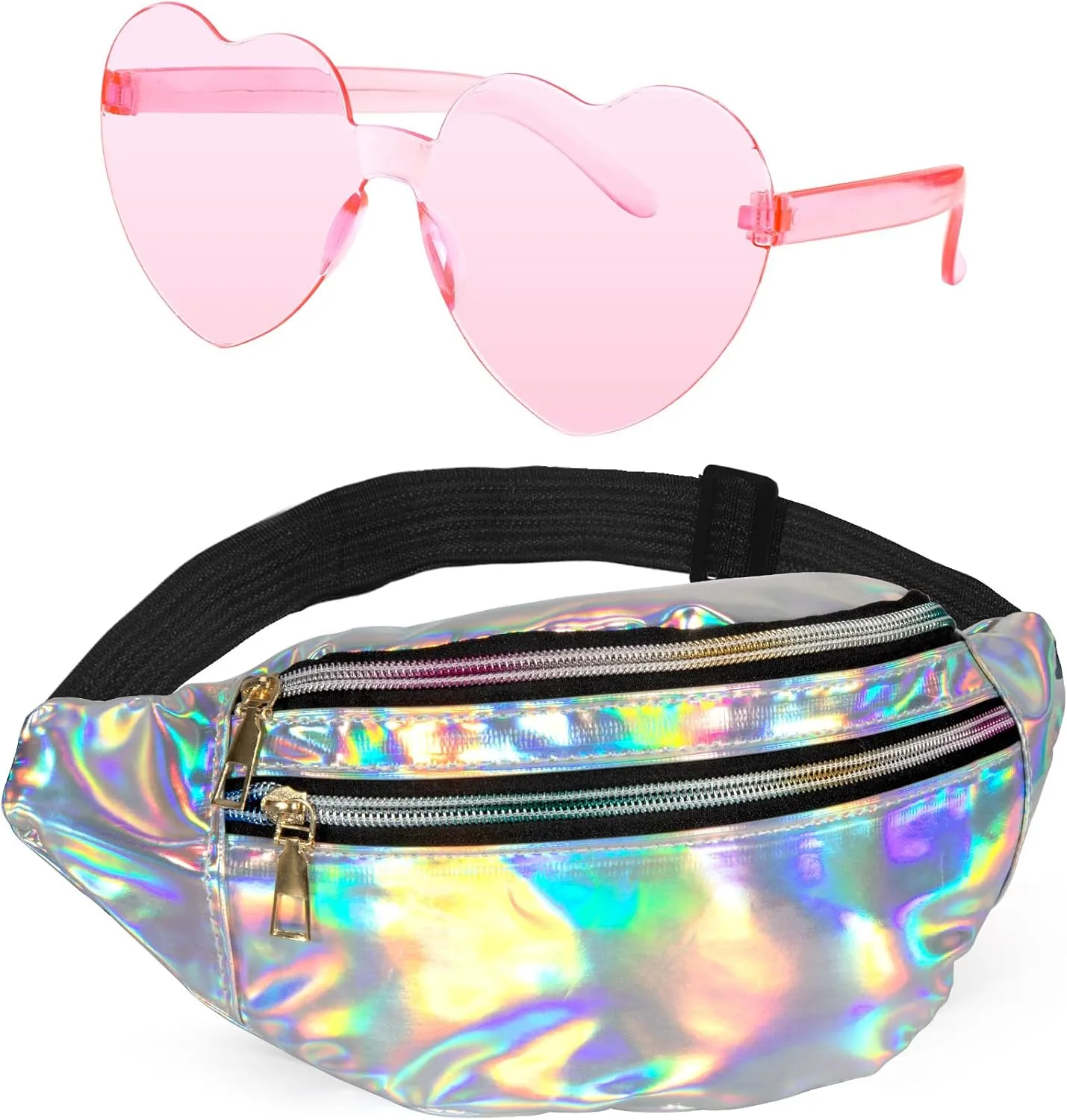 Holographic Fanny Packs,Heart Shaped Glasses,80s 90s Fanny Pack,Crossbody Fanny Packs for Women,Pink Heart Sunglasses,Metallic Color Sport Waistbag,Fashion Shiny Waist Pack,Christmas Party Glasses