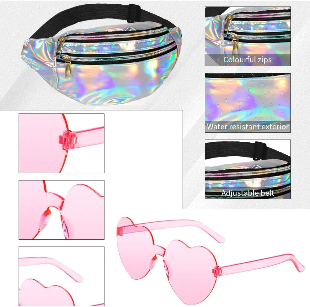 Holographic Fanny Packs,Heart Shaped Glasses,80s 90s Fanny Pack,Crossbody Fanny Packs for Women,Pink Heart Sunglasses,Metallic Color Sport Waistbag,Fashion Shiny Waist Pack,Christmas Party Glasses