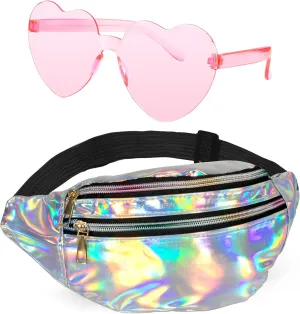 Holographic Fanny Packs,Heart Shaped Glasses,80s 90s Fanny Pack,Crossbody Fanny Packs for Women,Pink Heart Sunglasses,Metallic Color Sport Waistbag,Fashion Shiny Waist Pack,Christmas Party Glasses
