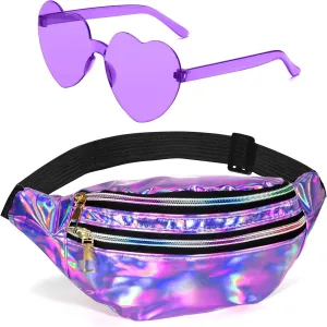 Holographic Fanny Packs,Heart Shaped Glasses,80s 90s Fanny Pack,Waterproof Fanny Packs for Women,Purple Heart Sunglasses,Metallic Color Sport Waistbag,Fashion Shiny Waist Pack,Halloween Party Glasses