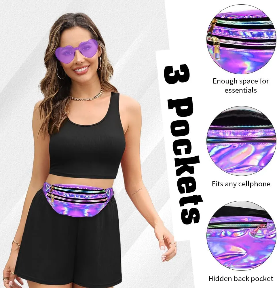 Holographic Fanny Packs,Heart Shaped Glasses,80s 90s Fanny Pack,Waterproof Fanny Packs for Women,Purple Heart Sunglasses,Metallic Color Sport Waistbag,Fashion Shiny Waist Pack,Halloween Party Glasses